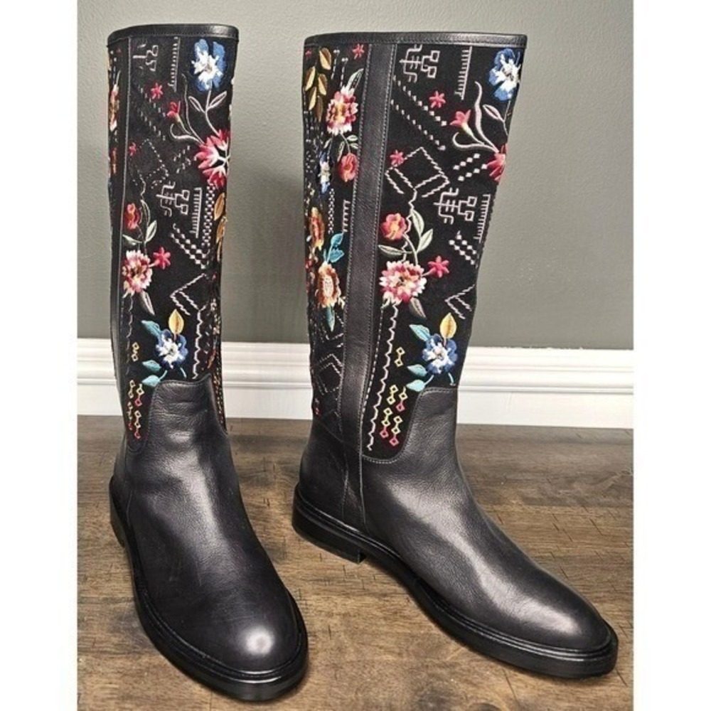 Johnny Was Embroidered Boho Knee High Riding Boots Pull On Black Size 6 New